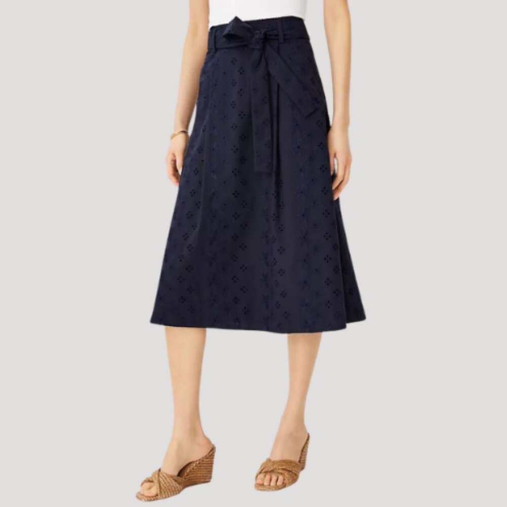 Ann Taylor Eyelet Tie Waist Pleated Midi Skirt Navy Size 12 NWT